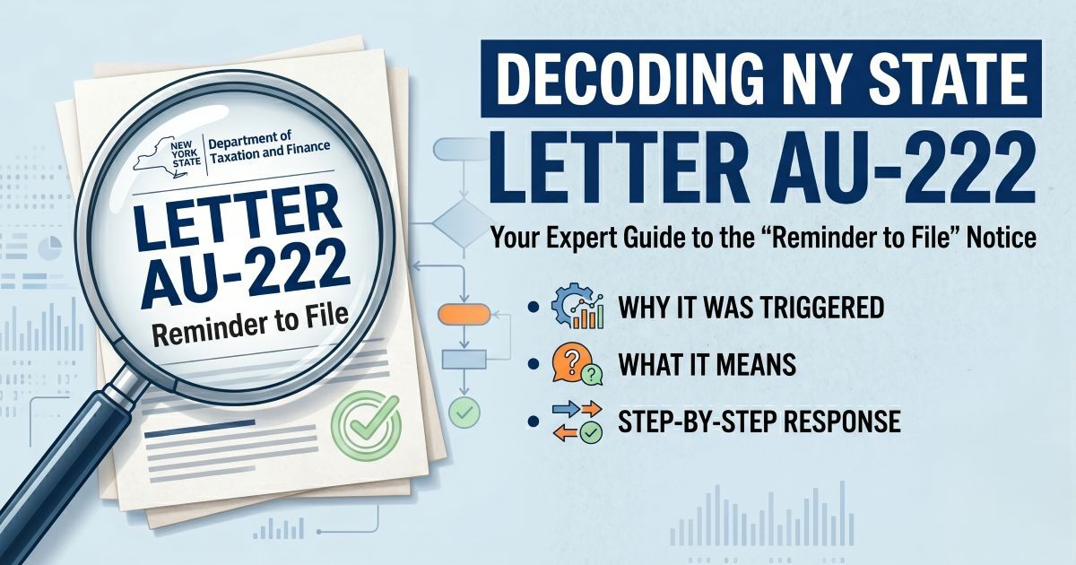 Infographic explaining New York State Letter AU-222, the Reminder to File notice, including why it was triggered, what it means, and step-by-step response instructions.