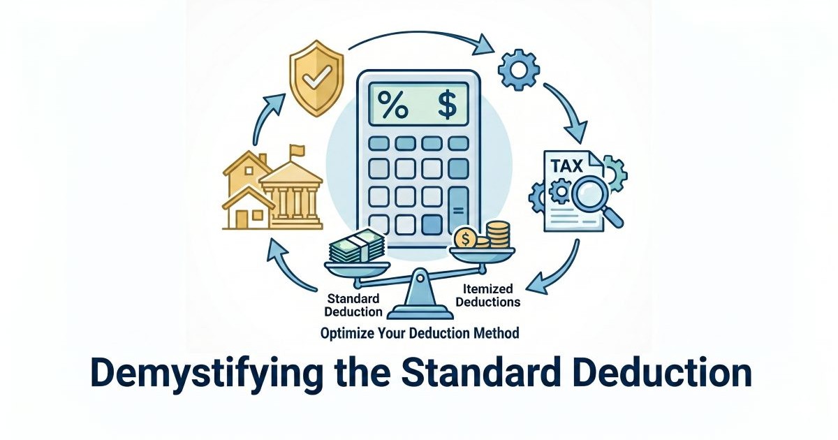 A flat-line vector illustration of a calculator surrounded by tax icons and a balance scale comparing standard and itemized deductions.